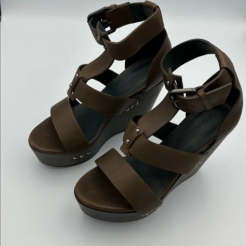 AllSaints Rotchko Strappy Wedge Platform Sandal Genuine Leather High Heel Sz39